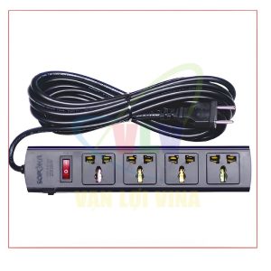 Ổ cắm nối dài, có lõi sứ chống cháy, công suất 2200W 4 cổng đa năng, có công tắc nguồn, có CB reset (màu đen) 4T SOPOKA