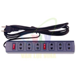 Ổ cắm nối dài, có lõi sứ chống cháy, công suất 1200W 6 cổng, có 2 công tắc nguồn (màu đen) 6S SOPOKA
