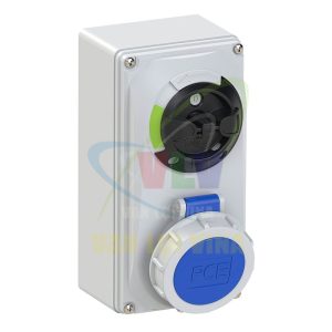 Ổ cắm công nghiệp lắp nổi tích hợp công tắc xoay kín nước F61132-6, tải 16A, 3 cực (2P+PE), điện áp 230V, Chuẩn kín nước IP67 PCE
